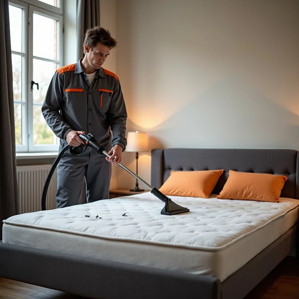 Kammerjäger untersucht Bettgestell und Matratzennähte auf Bettwanzen in Köln