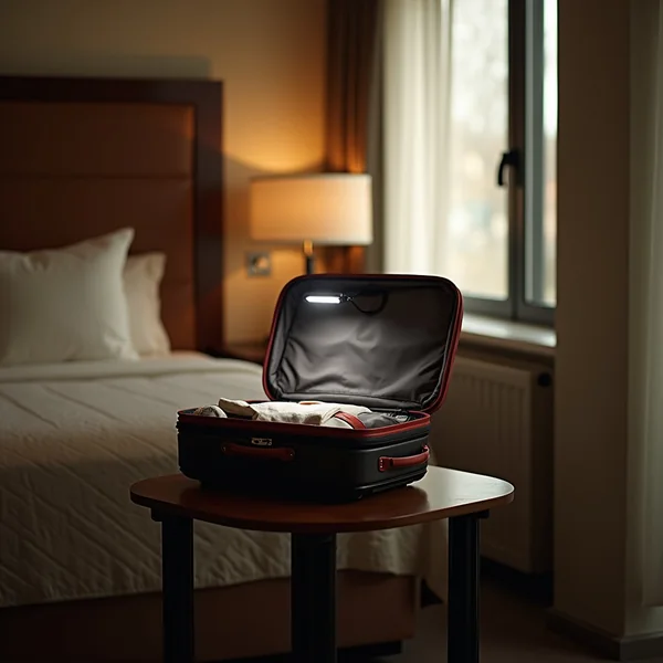 Reisekoffer auf einer Kofferablage im Hotelzimmer, im Hintergrund ein Bett mit aufgeschlagener Matratzennaht