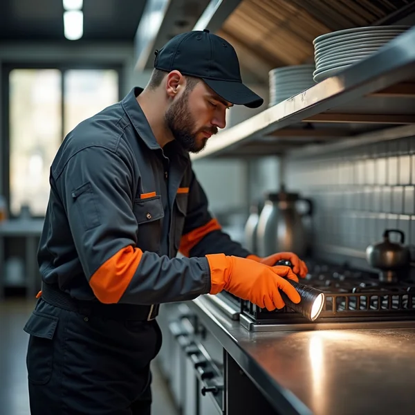 Edelstahl-Arbeitsflächen in einer Gastronomieküche, im Vordergrund eine Monitoring-Klebefalle an der Wandfuge