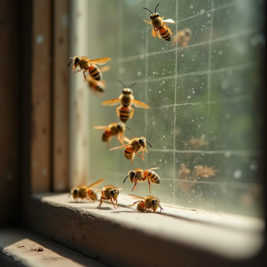Wespen fliegen in den Spalt eines Rollladenkastens an einem Wohnhausfenster ein