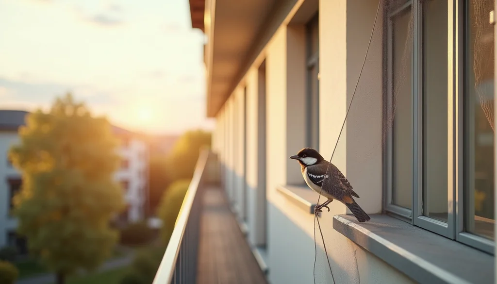 Straff gespanntes Taubennetz schützt einen Balkon vor Stadttauben