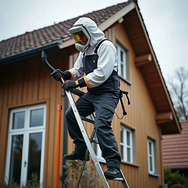 Kammerjäger in Schutzanzug entfernt ein Wespennest an einem Wohnhaus in Köln